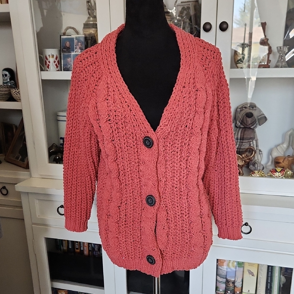 Chunky Cable Knit Cardigan Sweater - Coral Pink